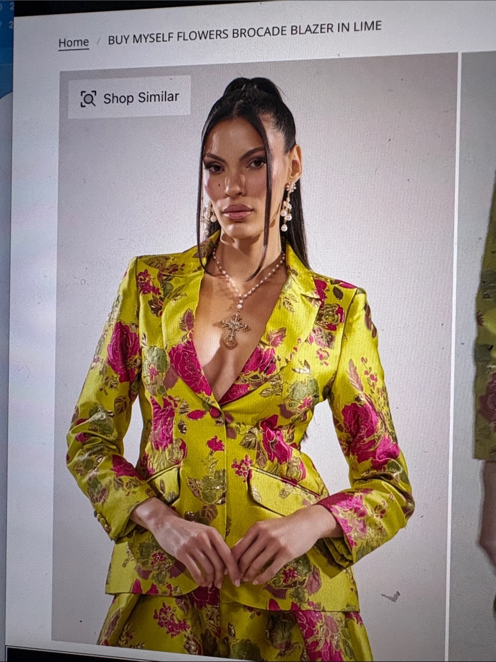 AKIRA Lime & Hot Pink Floral Brocade Wide-Leg Trousers with Matching Blazer - Picture 4 of 6